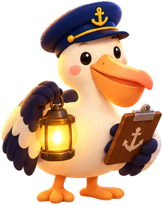 Pelly, the pelican harbourmaster, in a captain's cap, holding a lantern and a clipboard