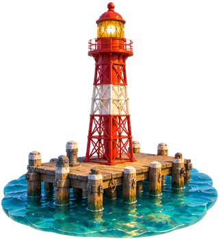 A red and white iron lighthouse on a wooden wharf