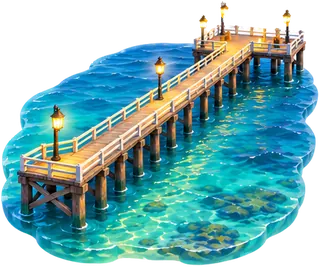 A long timber jetty with lamps, reaching out over clear turquoise water