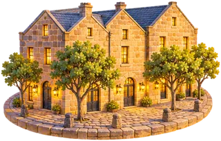 A row of old sandstone warehouses with trees in front