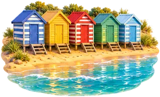 A row of brightly painted bathing boxes on a sandy beach