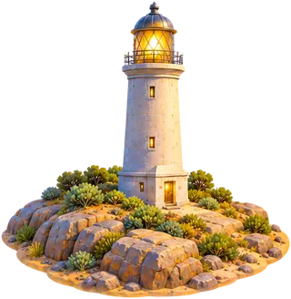A white lighthouse on a rocky point