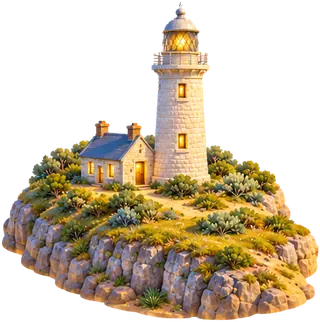 A stone lighthouse and keeper's cottage on a green headland