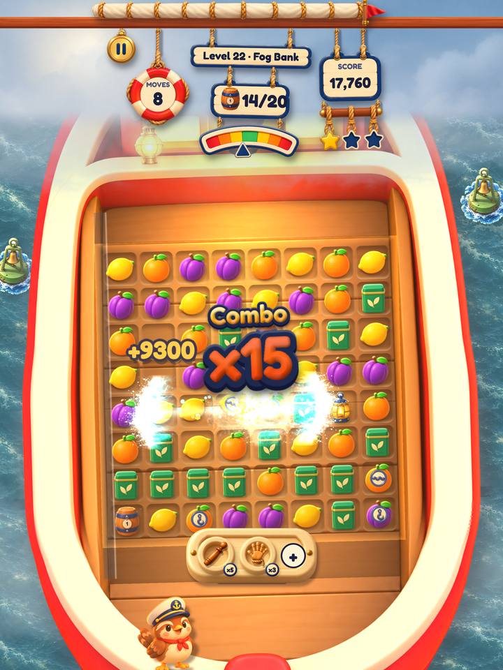 In the game: the tug's hold seen from above, packed with oranges, lemons, plums and tea tins, as a combo of 15 lights up the cargo.