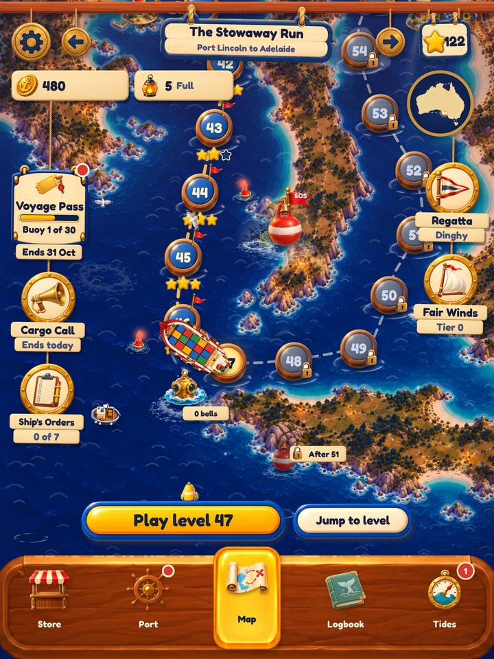 In the game: the Voyage Map from Port Lincoln to Adelaide, with numbered stops along a dashed sea lane round the coast.
