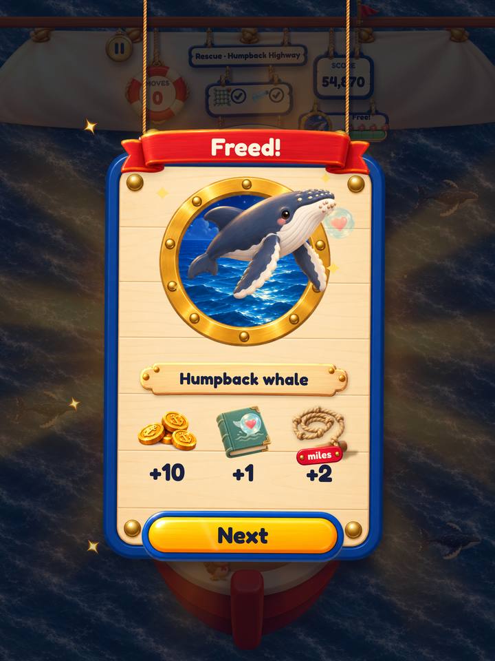 In the game: a sign that says Freed!, with a humpback whale in a brass porthole and the rewards for the rescue.