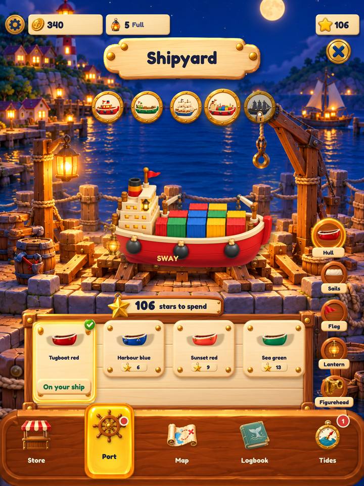 In the game: the Shipyard at night, with a cargo ship in dry dock and hull paints such as Tugboat red and Harbour blue, each priced in stars.