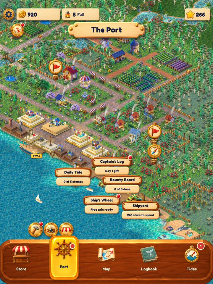 In the game: the Port, a seaside town seen from above, with streets, gardens, houses and a harbour, and signs for the Captain's Log, the Daily Tide, the Bounty Board, the Ship's Wheel and the Shipyard.