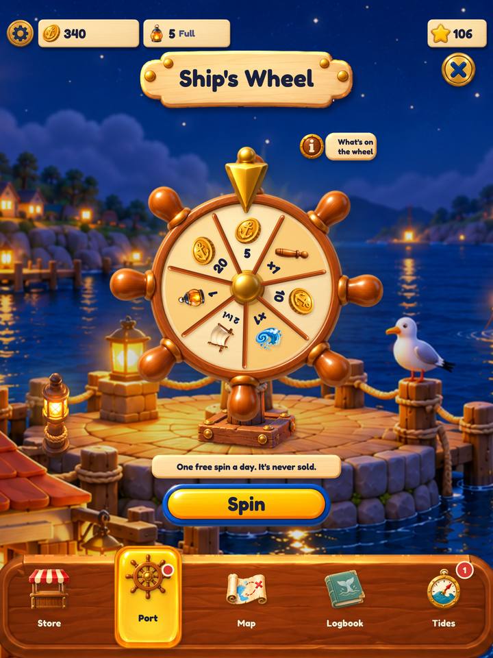 In the game: the Ship's Wheel on a lamplit dock at night, with the line One free spin a day, it's never sold, and a Spin button.